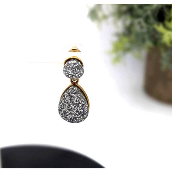 J. Crew Glittery Silver Tear Drop Shaped Druzy Like Smooth Gold Tone Earrings - Picture 4 of 11